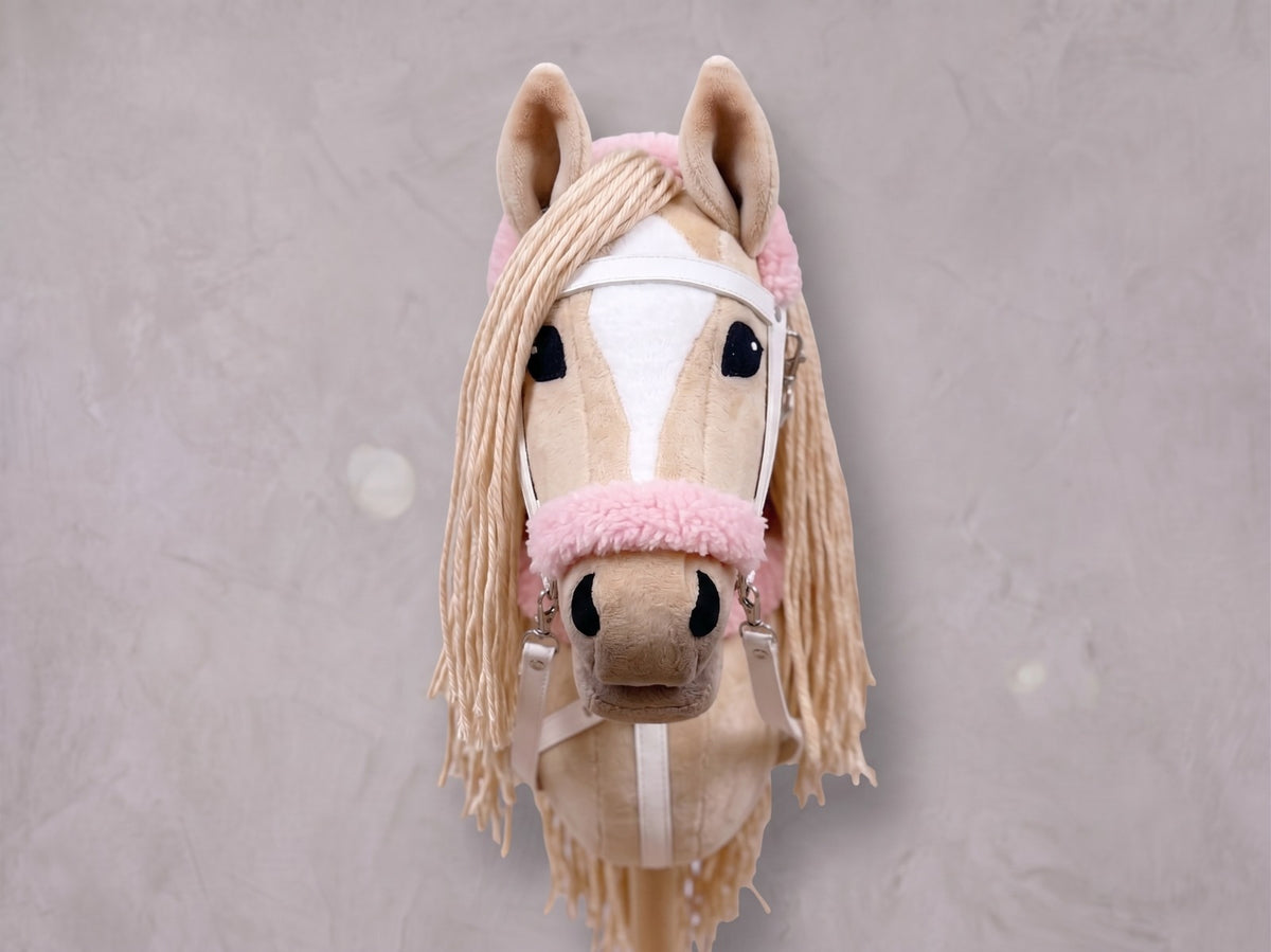 Beige Stick Horse Toy with Long Mane, Palomino Hobby Horse for Kids Pretend Play, Pink Fluffy Halter Included, Horse Lover Gift