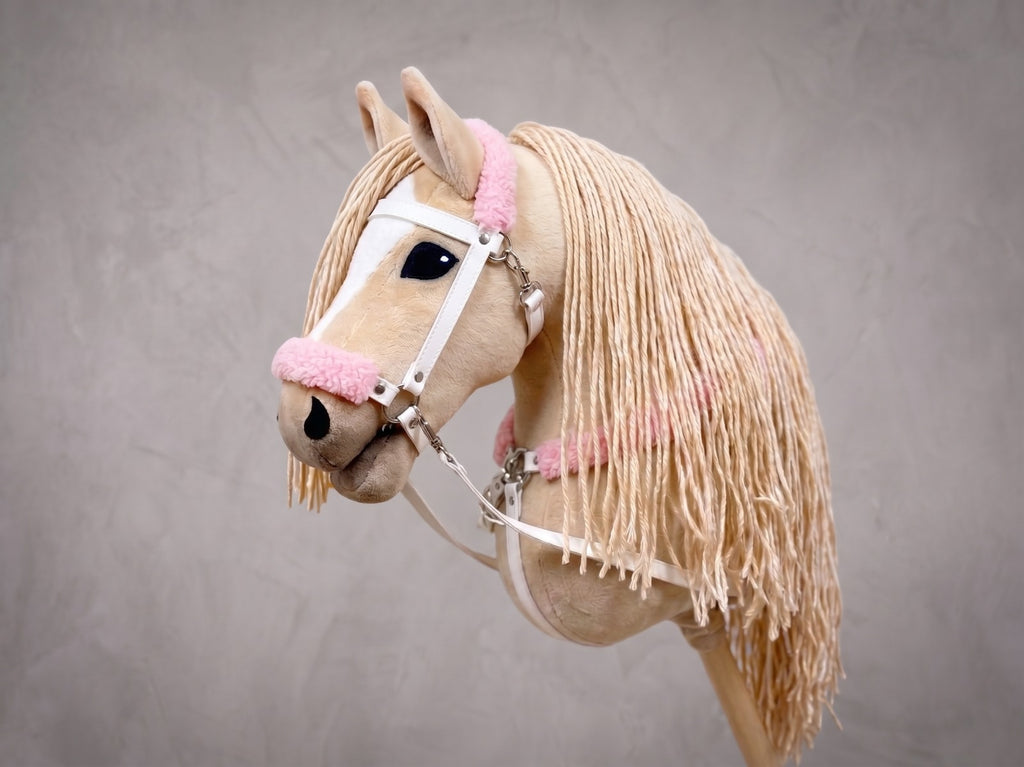 Beige Stick Horse Toy with Long Mane, Palomino Hobby Horse for Kids Pretend Play, Pink Fluffy Halter Included, Horse Lover Gift