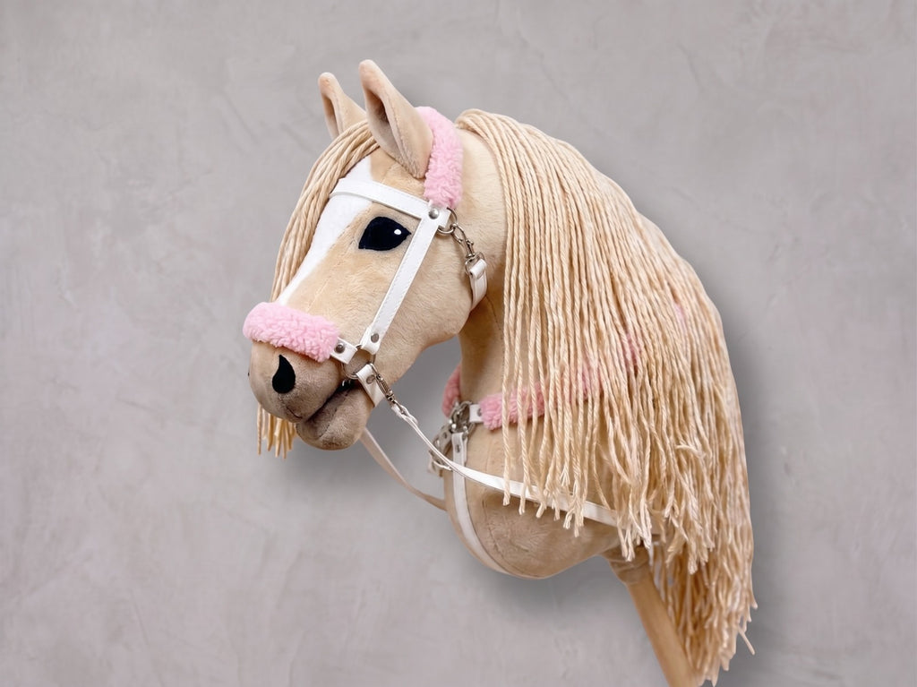 Beige Stick Horse Toy with Long Mane, Palomino Hobby Horse for Kids Pretend Play, Pink Fluffy Halter Included, Horse Lover Gift