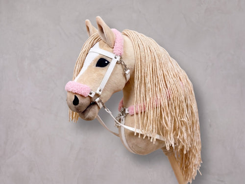 Beige Stick Horse Toy with Long Mane, Palomino Hobby Horse for Kids Pretend Play, Pink Fluffy Halter Included, Horse Lover Gift
