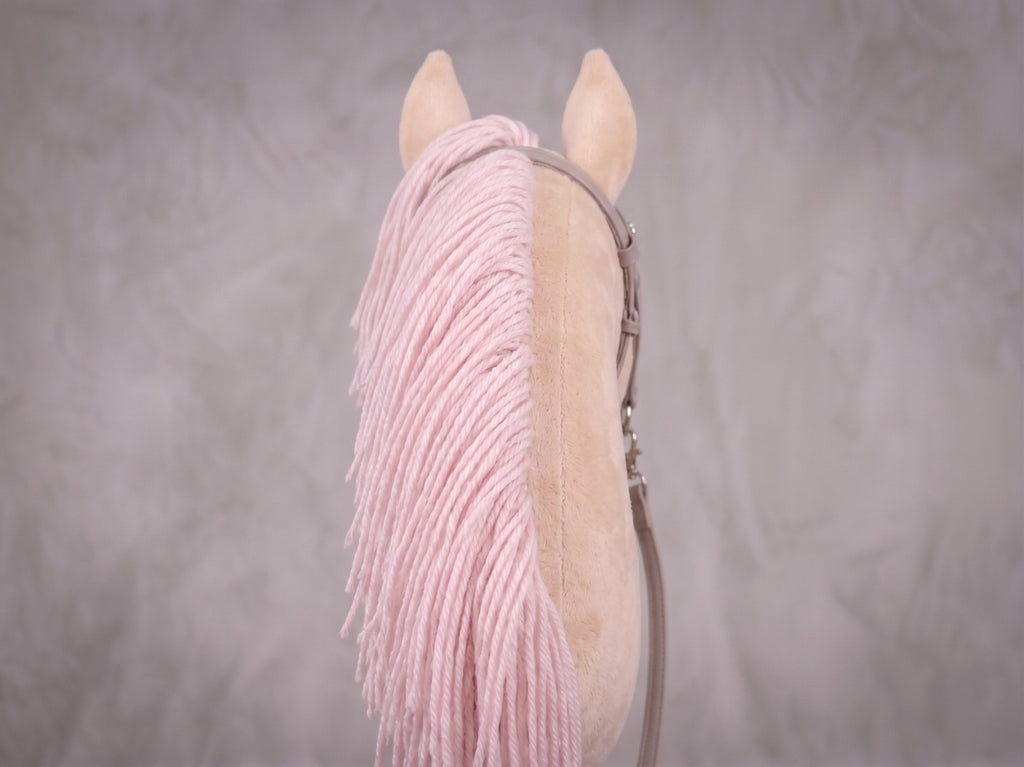 Beige Stick Horse Toy with Pink Mane, Elegant Hobby Horse for Kids Pretend Play, Rhinestone Halter Included, Horse Lover Gift