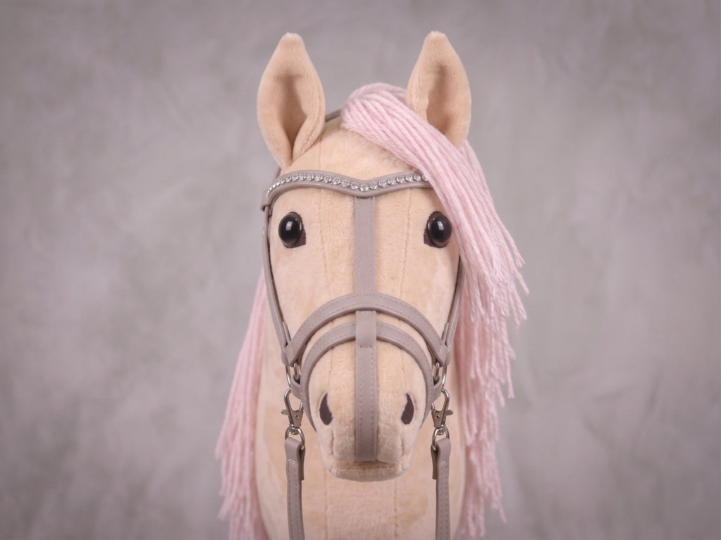 Beige Stick Horse Toy with Pink Mane, Elegant Hobby Horse for Kids Pretend Play, Rhinestone Halter Included, Horse Lover Gift