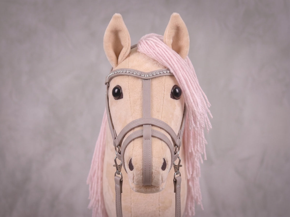 Beige Stick Horse Toy with Pink Mane, Elegant Hobby Horse for Kids Pretend Play, Rhinestone Halter Included, Horse Lover Gift