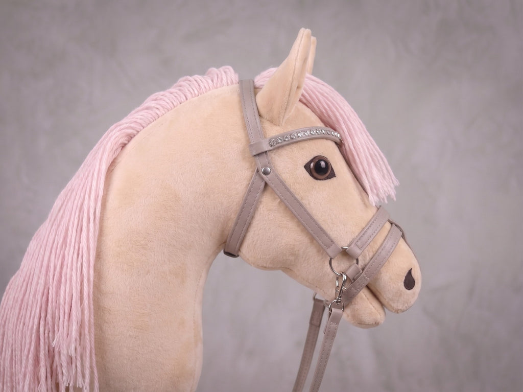 Beige Stick Horse Toy with Pink Mane, Elegant Hobby Horse for Kids Pretend Play, Rhinestone Halter Included, Horse Lover Gift