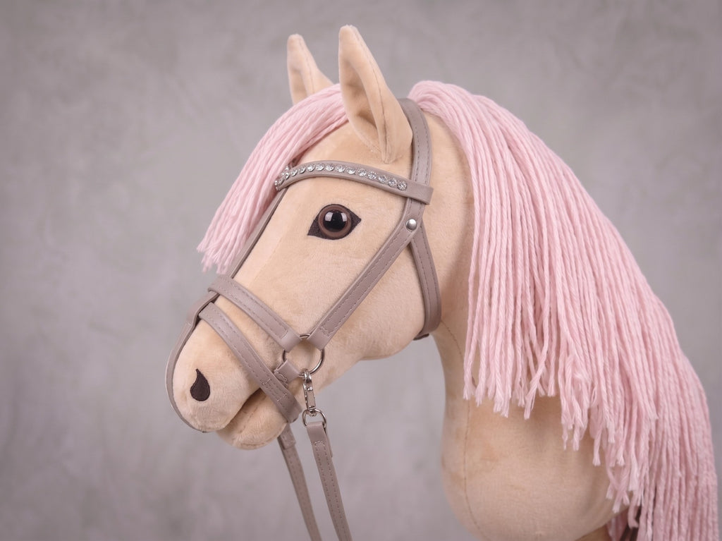 Beige Stick Horse Toy with Pink Mane, Elegant Hobby Horse for Kids Pretend Play, Rhinestone Halter Included, Horse Lover Gift