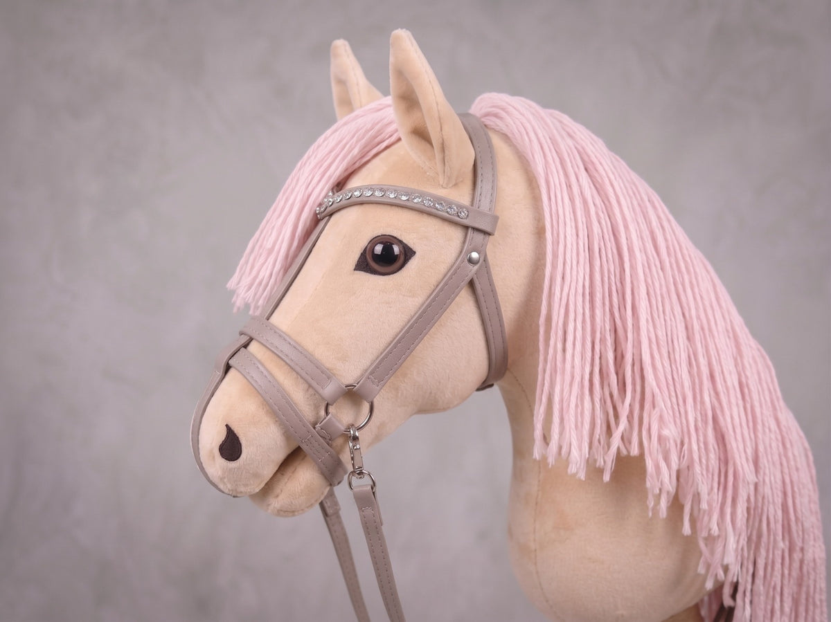 Beige Stick Horse Toy with Pink Mane, Elegant Hobby Horse for Kids Pretend Play, Rhinestone Halter Included, Horse Lover Gift