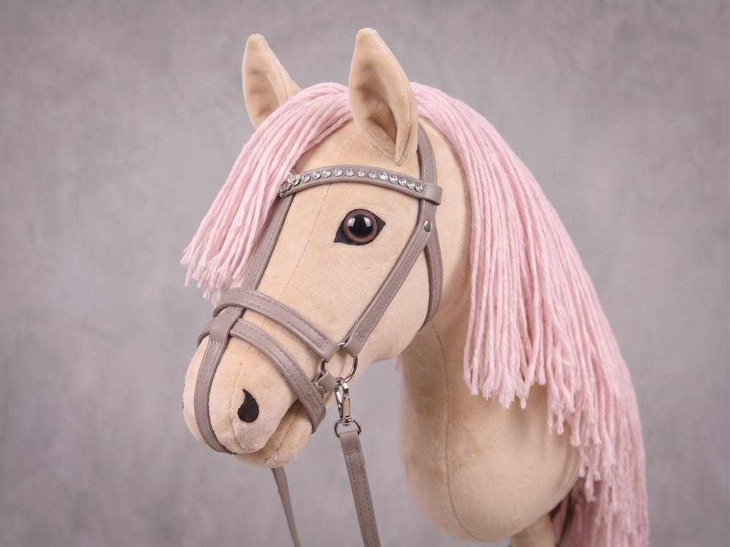 Beige Stick Horse Toy with Pink Mane, Elegant Hobby Horse for Kids Pretend Play, Rhinestone Halter Included, Horse Lover Gift