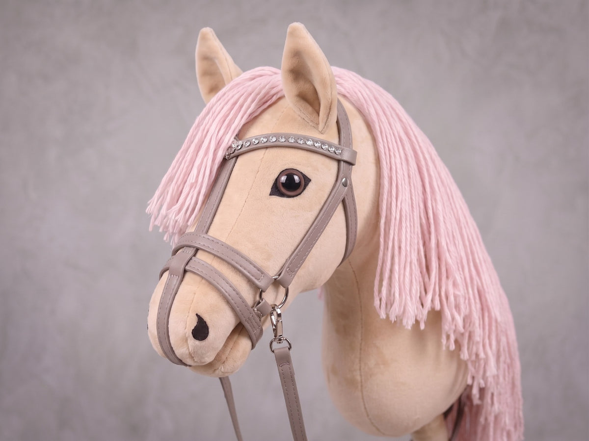 Beige Stick Horse Toy with Pink Mane, Elegant Hobby Horse for Kids Pretend Play, Rhinestone Halter Included, Horse Lover Gift
