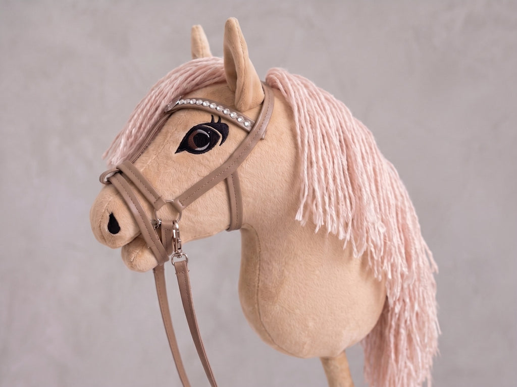 Beige Stick Horse Toy with Pink Mane, Elegant Hobby Horse for Kids Pretend Play, Rhinestone Halter Included, Horse Lover Gift