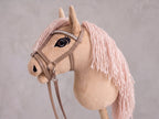Beige Stick Horse Toy with Pink Mane, Elegant Hobby Horse for Kids Pretend Play, Rhinestone Halter Included, Horse Lover Gift