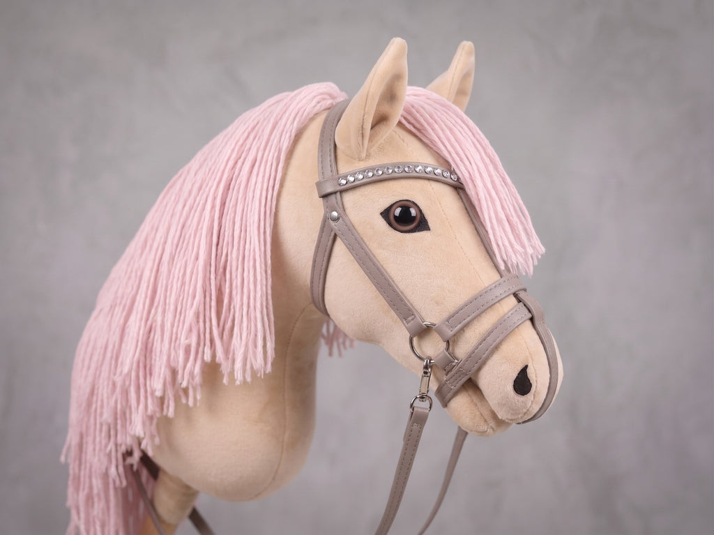 Beige Stick Horse Toy with Pink Mane, Elegant Hobby Horse for Kids Pretend Play, Rhinestone Halter Included, Horse Lover Gift
