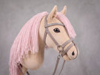 Beige Stick Horse Toy with Pink Mane, Elegant Hobby Horse for Kids Pretend Play, Rhinestone Halter Included, Horse Lover Gift