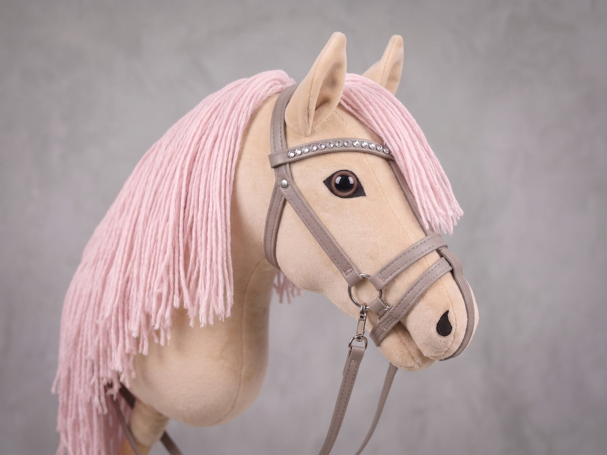 Beige Stick Horse Toy with Pink Mane, Elegant Hobby Horse for Kids Pretend Play, Rhinestone Halter Included, Horse Lover Gift