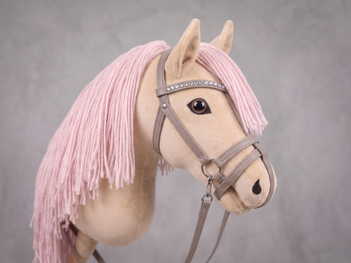 Beige Stick Horse Toy with Pink Mane, Elegant Hobby Horse for Kids Pretend Play, Rhinestone Halter Included, Horse Lover Gift