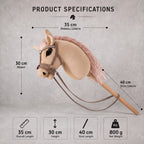 Beige Stick Horse Toy with Pink Mane, Elegant Hobby Horse for Kids Pretend Play, Rhinestone Halter Included, Horse Lover Gift