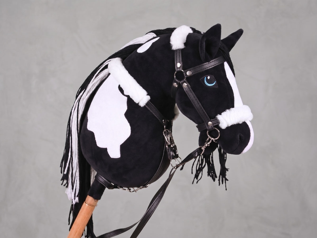 Black and White Stick Horse Toy, Pinto Hobby Horse for Kids Pretend Play, Blue Eyed Horse Lover Gift, Fluffy Halter Included