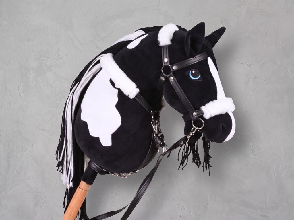 Black and White Stick Horse Toy, Pinto Hobby Horse for Kids Pretend Play, Blue Eyed Horse Lover Gift, Fluffy Halter Included
