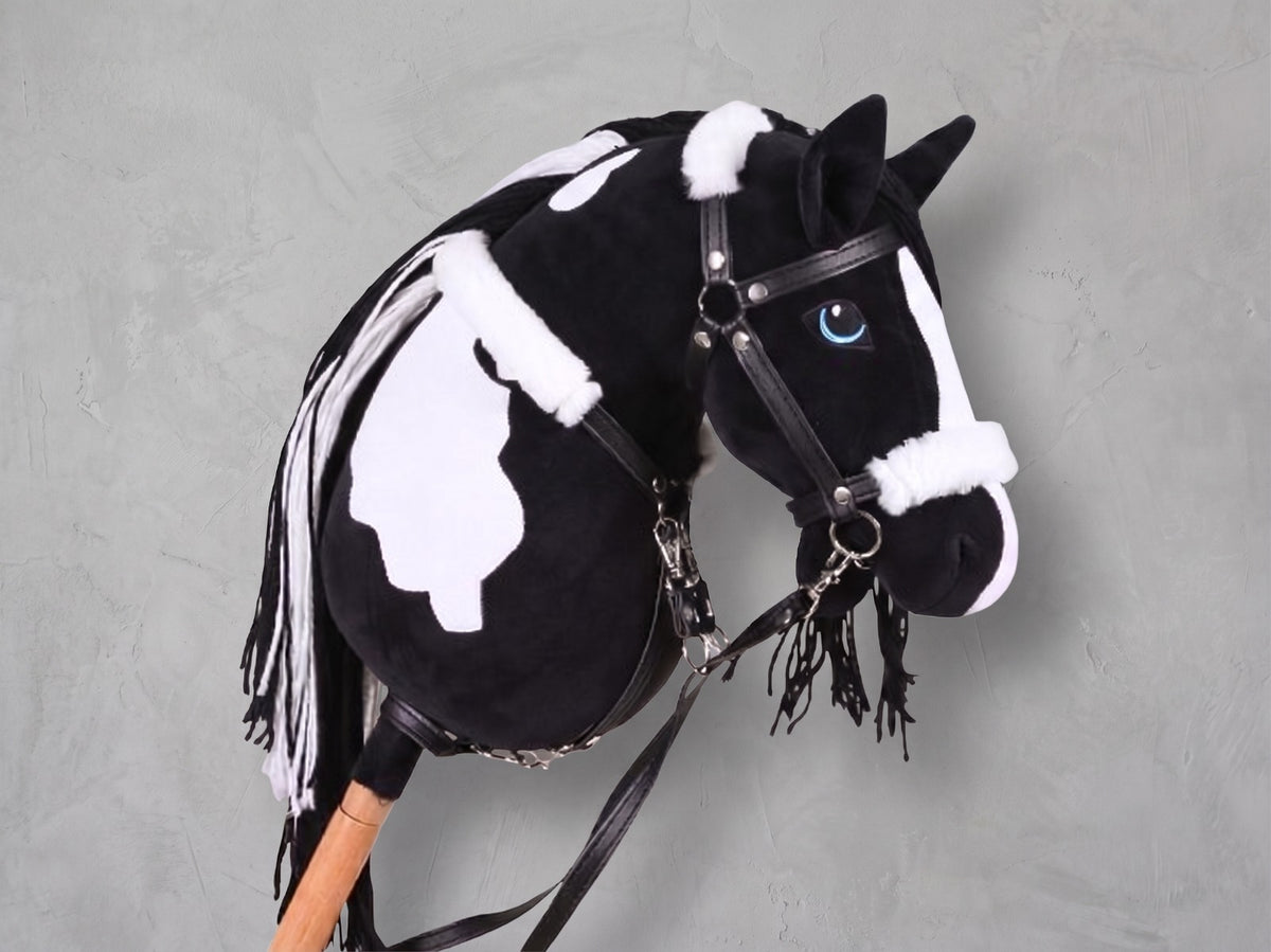 Black and White Stick Horse Toy, Pinto Hobby Horse for Kids Pretend Play, Blue Eyed Horse Lover Gift, Fluffy Halter Included