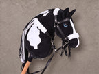 Black and White Stick Horse Toy, Pinto Hobby Horse for Kids Pretend Play, Blue Eyed Horse Lover Gift, Fluffy Halter Included