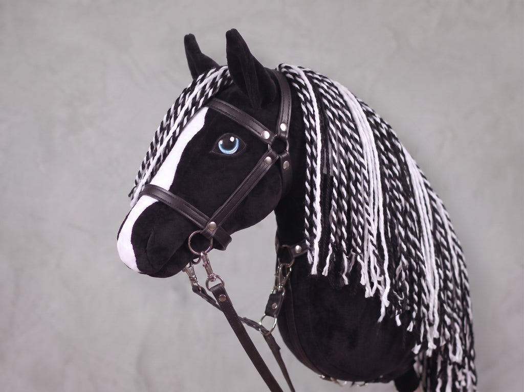 Black and White Stick Horse Toy, Pinto Hobby Horse for Kids Pretend Play, Blue Eyed Horse Lover Gift, Fluffy Halter Included