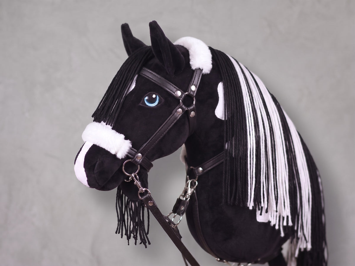 Black and White Stick Horse Toy, Pinto Hobby Horse for Kids Pretend Play, Blue Eyed Horse Lover Gift, Fluffy Halter Included