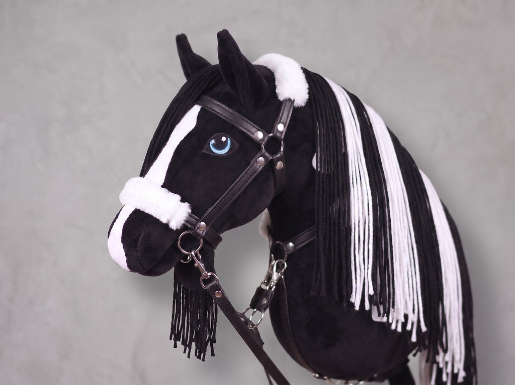 Black and White Stick Horse Toy, Pinto Hobby Horse for Kids Pretend Play, Blue Eyed Horse Lover Gift, Fluffy Halter Included