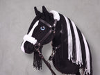 Black and White Stick Horse Toy, Pinto Hobby Horse for Kids Pretend Play, Blue Eyed Horse Lover Gift, Fluffy Halter Included