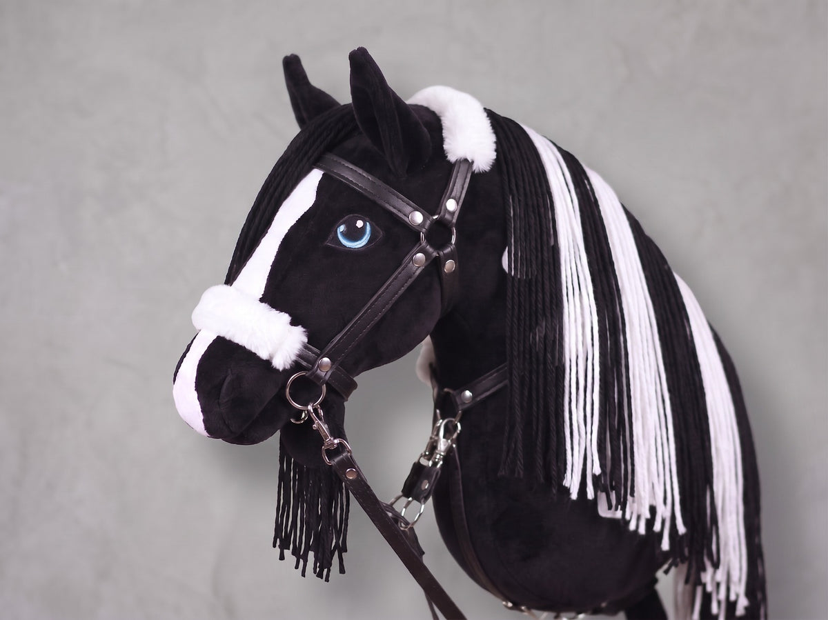 Black and White Stick Horse Toy, Pinto Hobby Horse for Kids Pretend Play, Blue Eyed Horse Lover Gift, Fluffy Halter Included