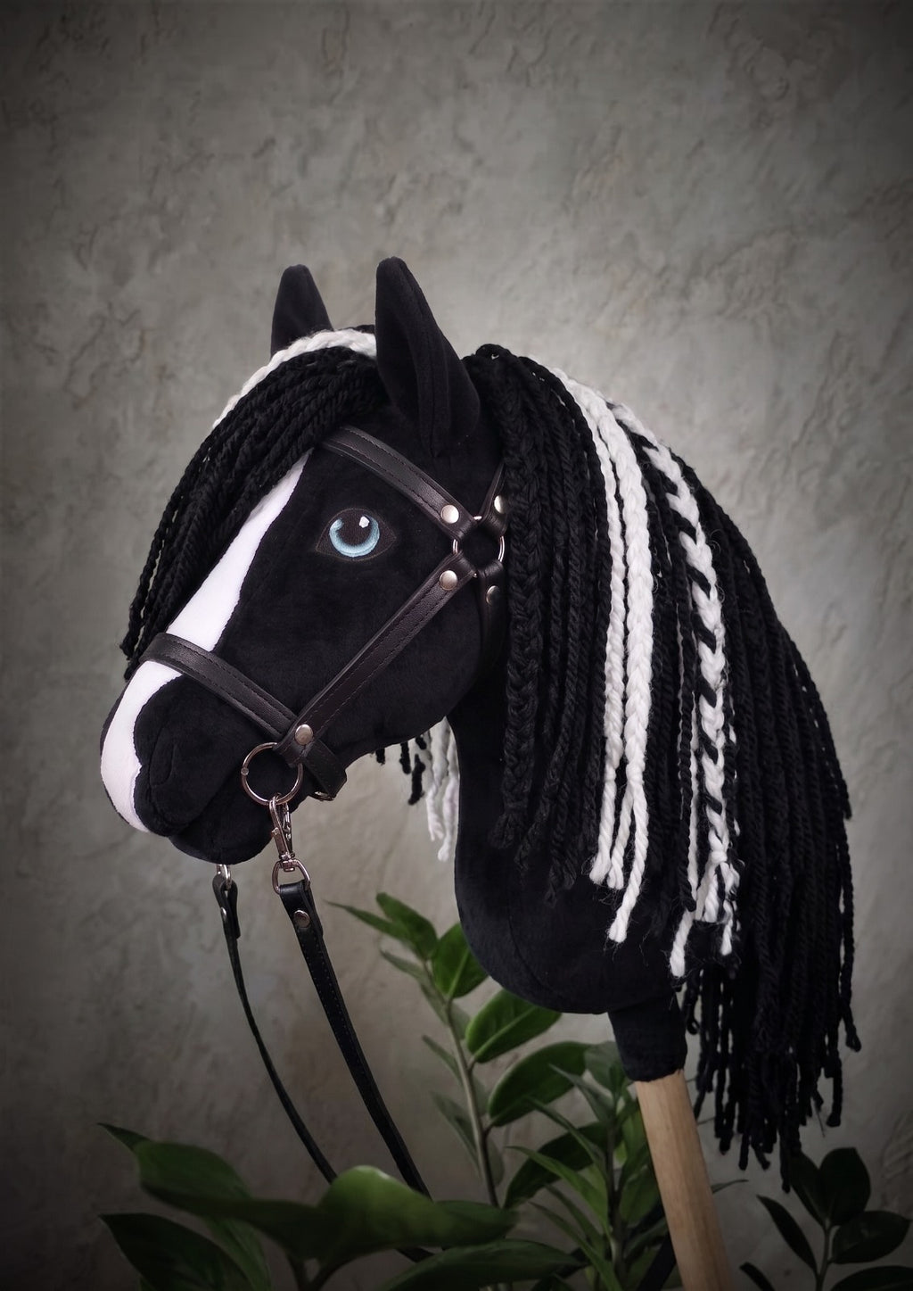 Black and White Stick Horse Toy, Pinto Hobby Horse for Kids Pretend Play, Blue Eyed Horse Lover Gift, Fluffy Halter Included
