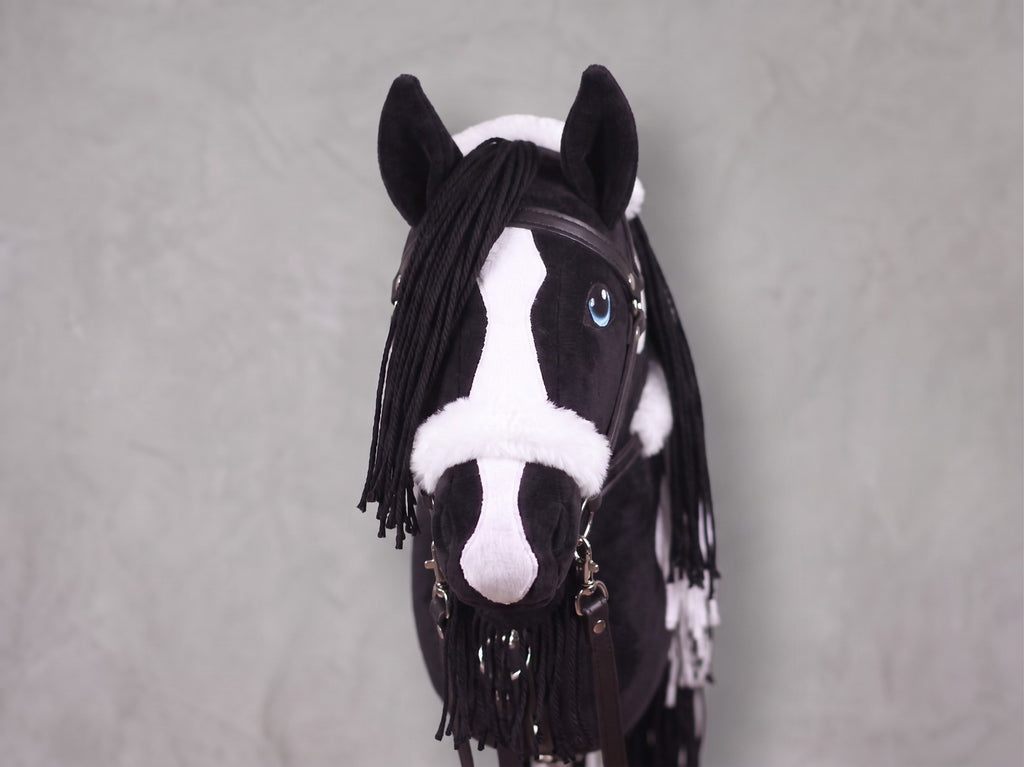 Black and White Stick Horse Toy, Pinto Hobby Horse for Kids Pretend Play, Blue Eyed Horse Lover Gift, Fluffy Halter Included