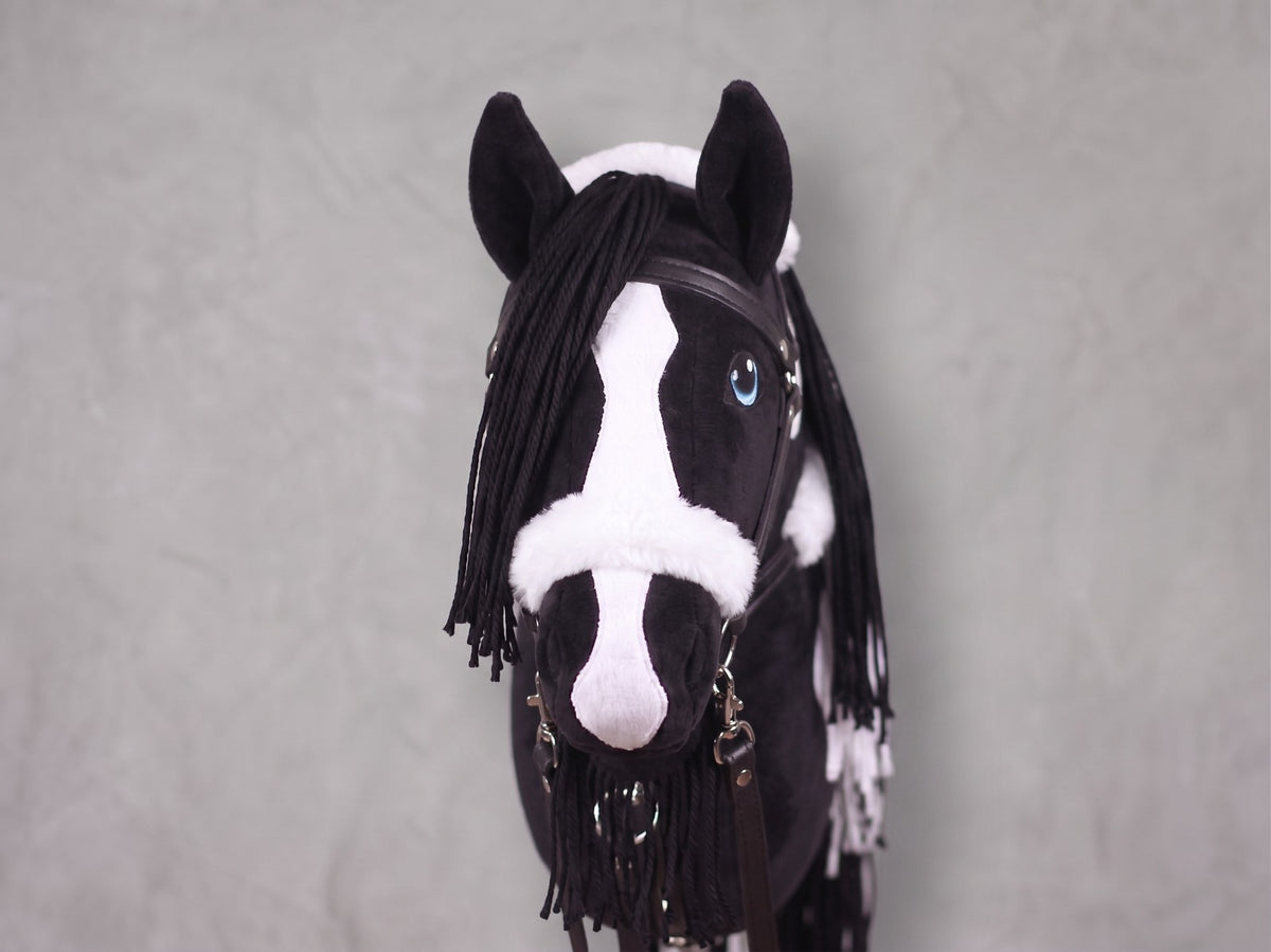 Black and White Stick Horse Toy, Pinto Hobby Horse for Kids Pretend Play, Blue Eyed Horse Lover Gift, Fluffy Halter Included