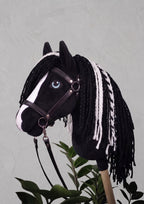 Black and White Stick Horse Toy, Pinto Hobby Horse for Kids Pretend Play, Blue Eyed Horse Lover Gift, Fluffy Halter Included
