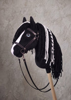 Black and White Stick Horse Toy, Pinto Hobby Horse for Kids Pretend Play, Blue Eyed Horse Lover Gift, Fluffy Halter Included