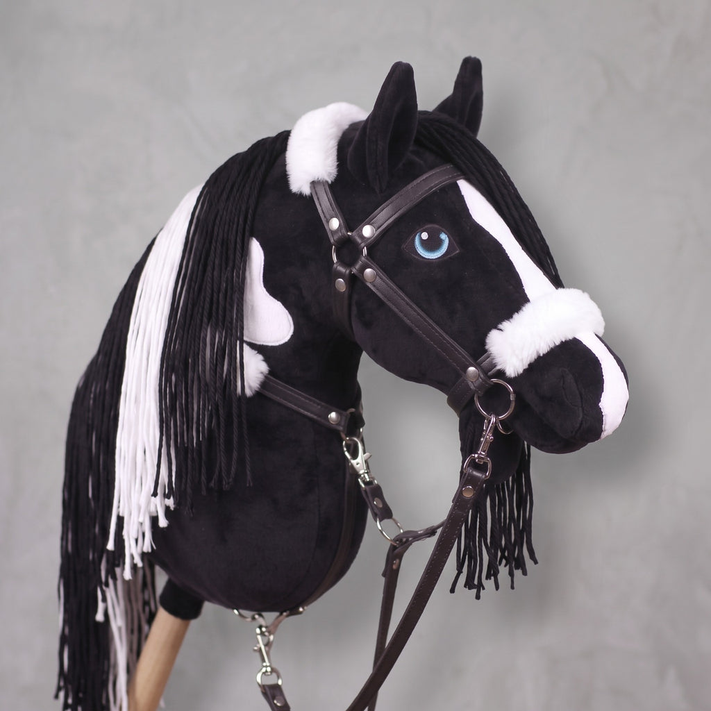 Black and White Stick Horse Toy, Pinto Hobby Horse for Kids Pretend Play, Blue Eyed Horse Lover Gift, Fluffy Halter Included