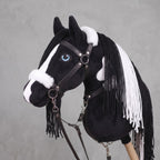 Black and White Stick Horse Toy, Pinto Hobby Horse for Kids Pretend Play, Blue Eyed Horse Lover Gift, Fluffy Halter Included