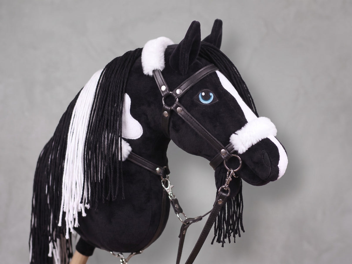 Black and White Stick Horse Toy, Pinto Hobby Horse for Kids Pretend Play, Blue Eyed Horse Lover Gift, Fluffy Halter Included