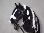 Black and White Stick Horse Toy, Pinto Hobby Horse for Kids Pretend Play, Blue Eyed Horse Lover Gift, Fluffy Halter Included
