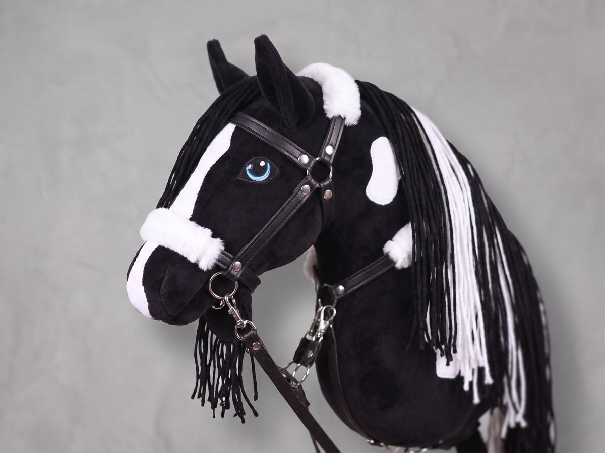 Black and White Stick Horse Toy, Pinto Hobby Horse for Kids Pretend Play, Blue Eyed Horse Lover Gift, Fluffy Halter Included