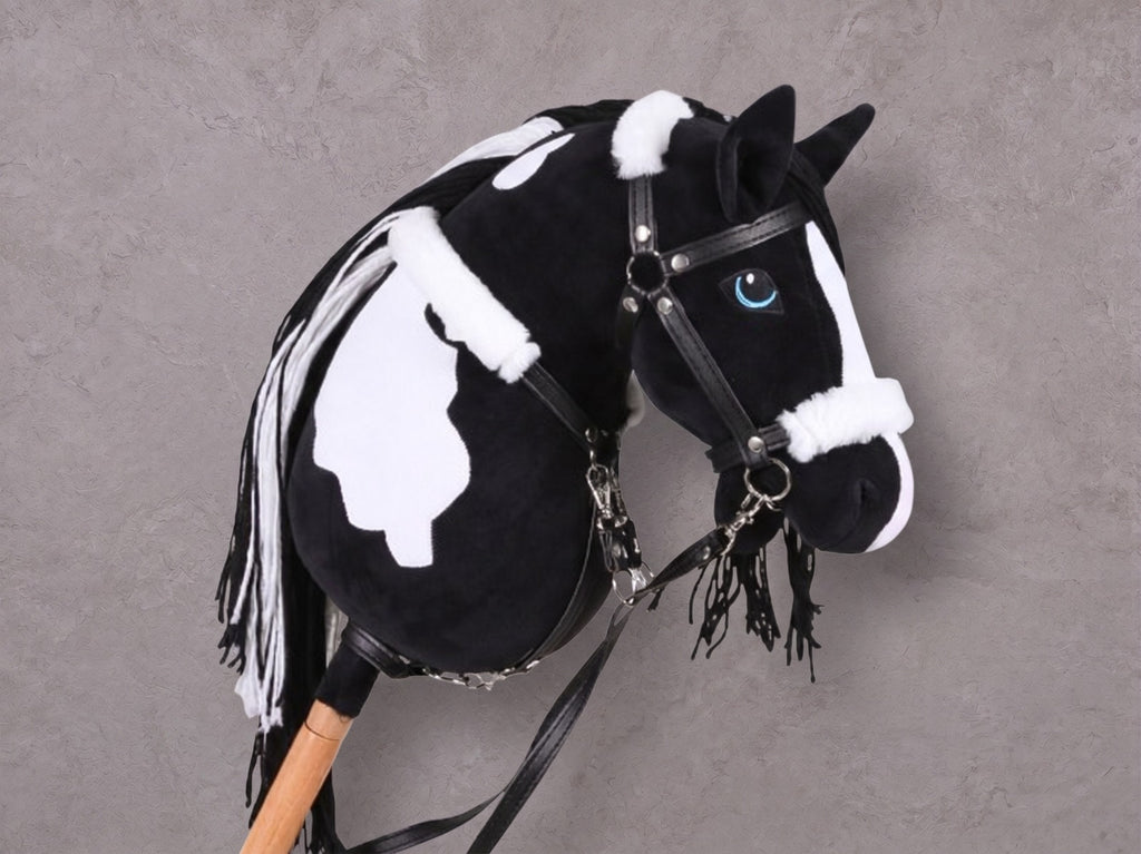 Black and White Stick Horse Toy, Pinto Hobby Horse for Kids Pretend Play, Blue Eyed Horse Lover Gift, Fluffy Halter Included
