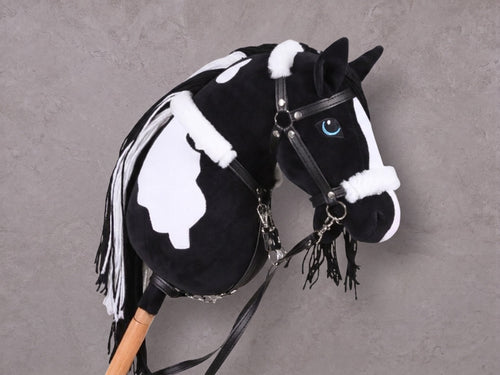 Black and White Stick Horse Toy, Pinto Hobby Horse for Kids Pretend Play, Blue Eyed Horse Lover Gift, Fluffy Halter Included