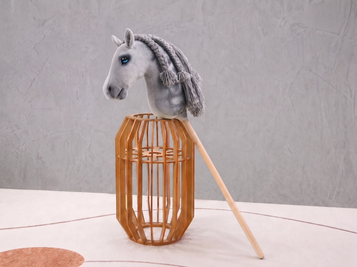 Dapple Gray Stick Horse with Braided Mane, Elegant Hobby Horse Toy for Kids, Blue Eyed Pretend Play Equestrian Gift