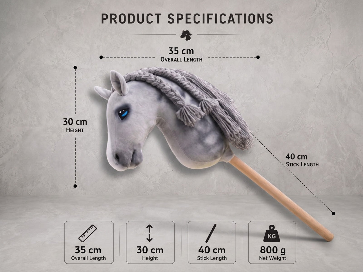 Dapple Gray Stick Horse with Braided Mane, Elegant Hobby Horse Toy for Kids, Blue Eyed Pretend Play Equestrian Gift