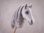 Dapple Gray Stick Horse with Braided Mane, Elegant Hobby Horse Toy for Kids, Blue Eyed Pretend Play Equestrian Gift