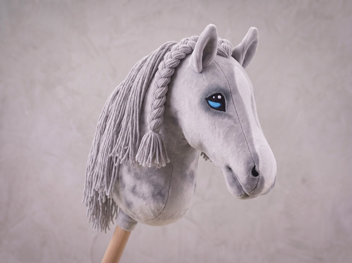 Dapple Gray Stick Horse with Braided Mane, Elegant Hobby Horse Toy for Kids, Blue Eyed Pretend Play Equestrian Gift