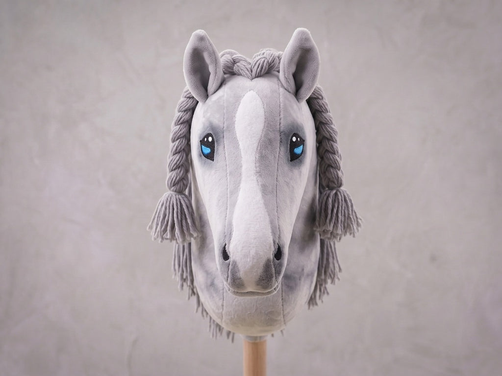 Dapple Gray Stick Horse with Braided Mane, Elegant Hobby Horse Toy for Kids, Blue Eyed Pretend Play Equestrian Gift