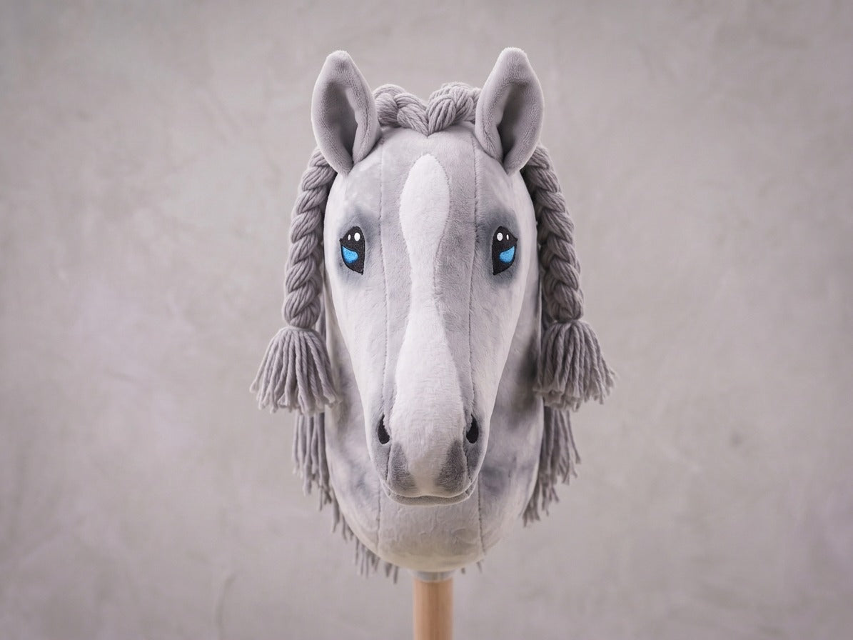Dapple Gray Stick Horse with Braided Mane, Elegant Hobby Horse Toy for Kids, Blue Eyed Pretend Play Equestrian Gift
