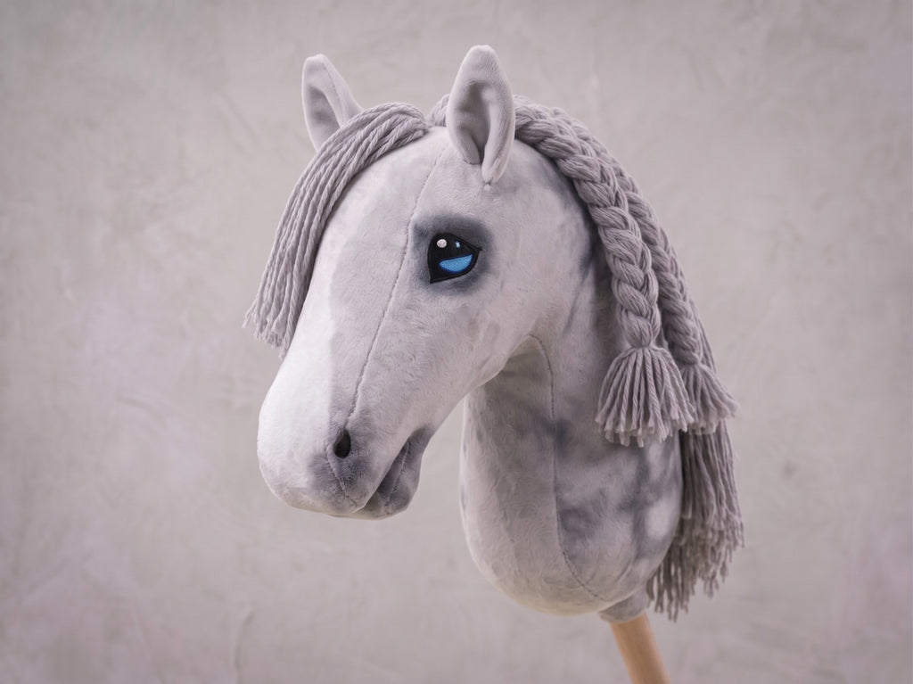 Dapple Gray Stick Horse with Braided Mane, Elegant Hobby Horse Toy for Kids, Blue Eyed Pretend Play Equestrian Gift