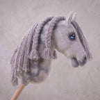 Dapple Gray Stick Horse with Braided Mane, Elegant Hobby Horse Toy for Kids, Blue Eyed Pretend Play Equestrian Gift
