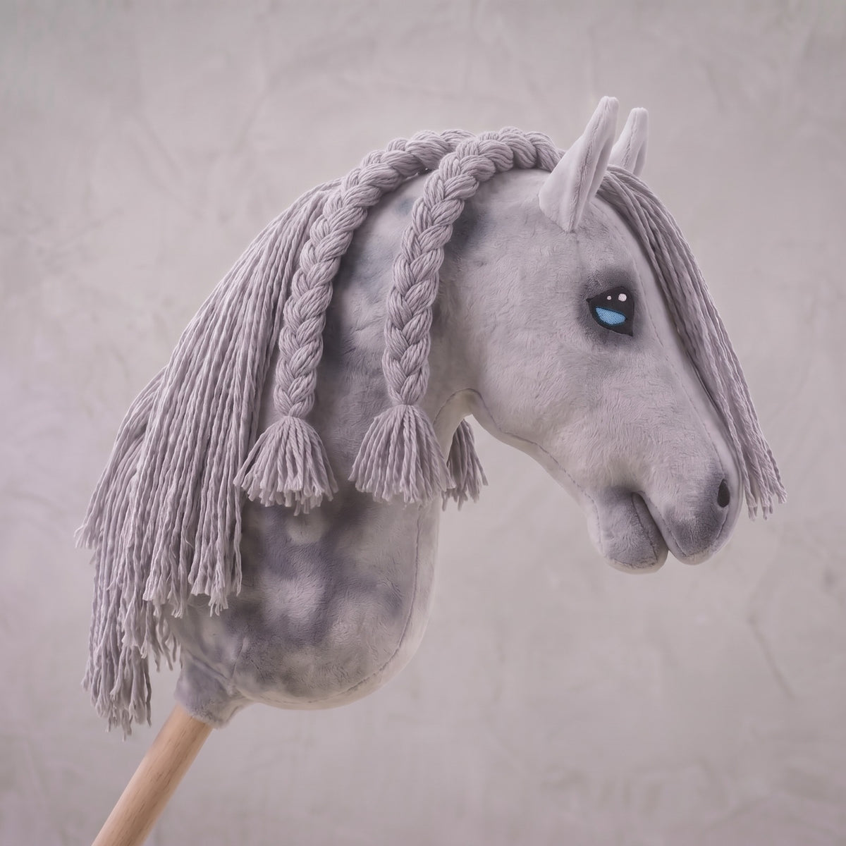 Dapple Gray Stick Horse with Braided Mane, Elegant Hobby Horse Toy for Kids, Blue Eyed Pretend Play Equestrian Gift