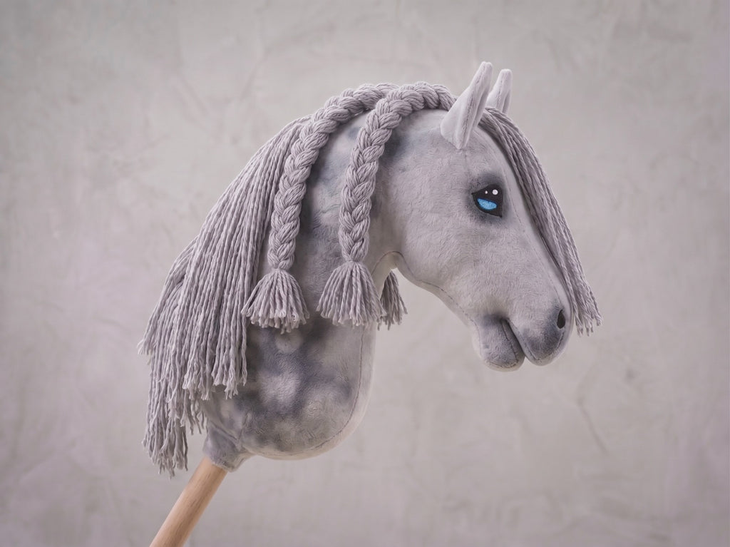 Dapple Gray Stick Horse with Braided Mane, Elegant Hobby Horse Toy for Kids, Blue Eyed Pretend Play Equestrian Gift